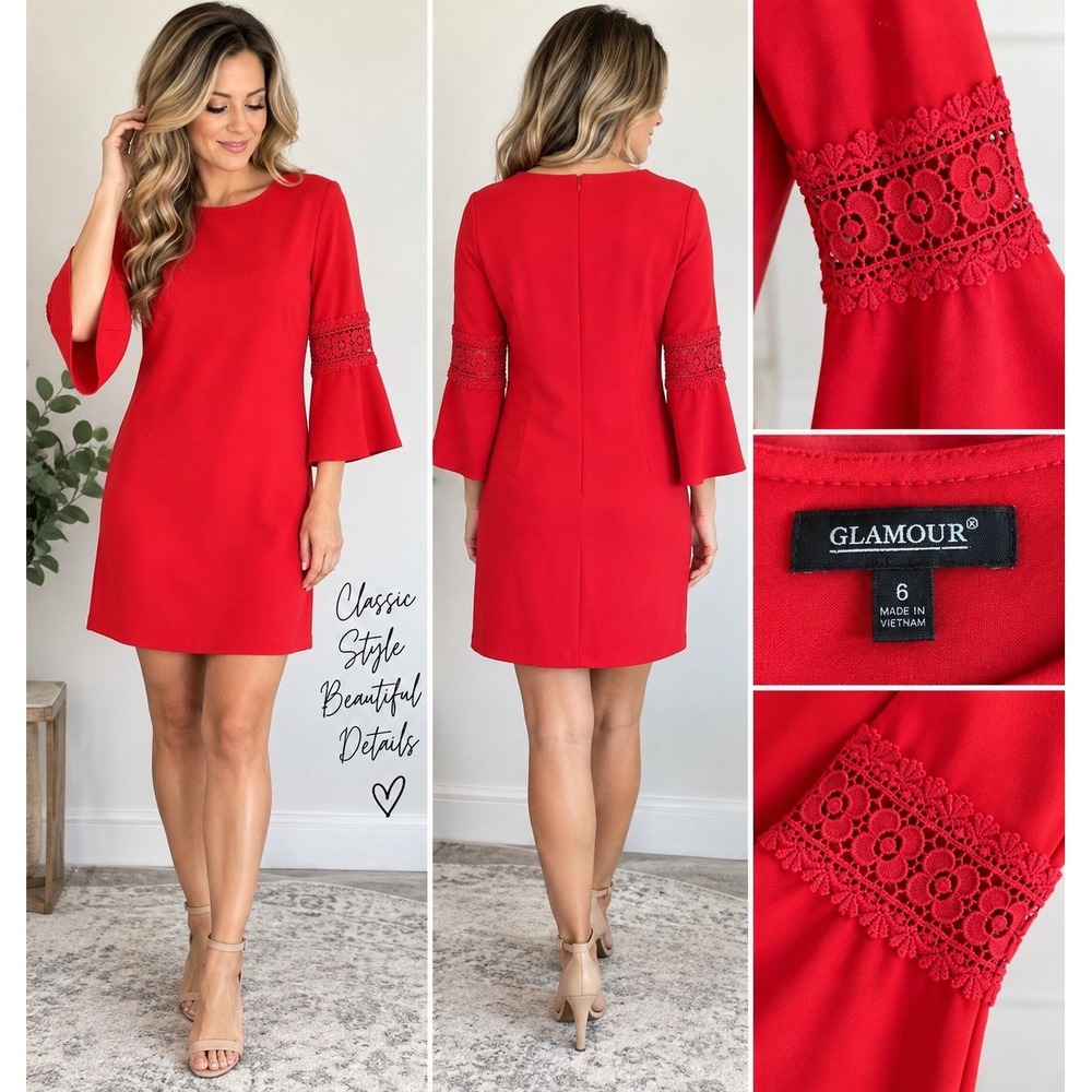 Glamour Women’s Red Bell Sleeve Shift Dress Size 6 Crochet Lace Detail